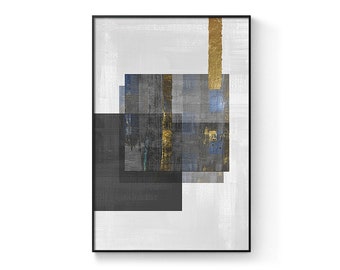 May include: Abstract art print with a black frame. The print features a white background with overlapping squares in shades of gray, blue, and gold.