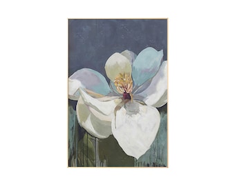 May include: A close-up of a white flower with blue and purple accents. The flower is painted in a realistic style with visible brushstrokes. The background is a dark blue.