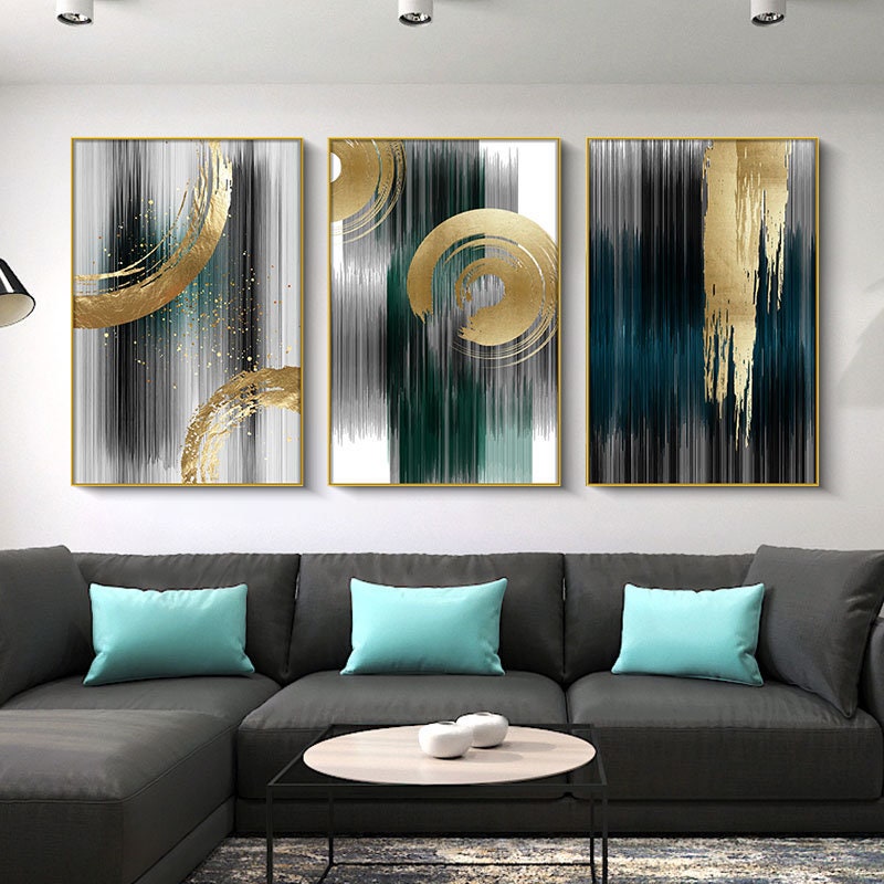 Golden abstraction Triple living room sofa wall Modern light luxury   painting Printable wall art Digital Download, Home Decor, Drawing
