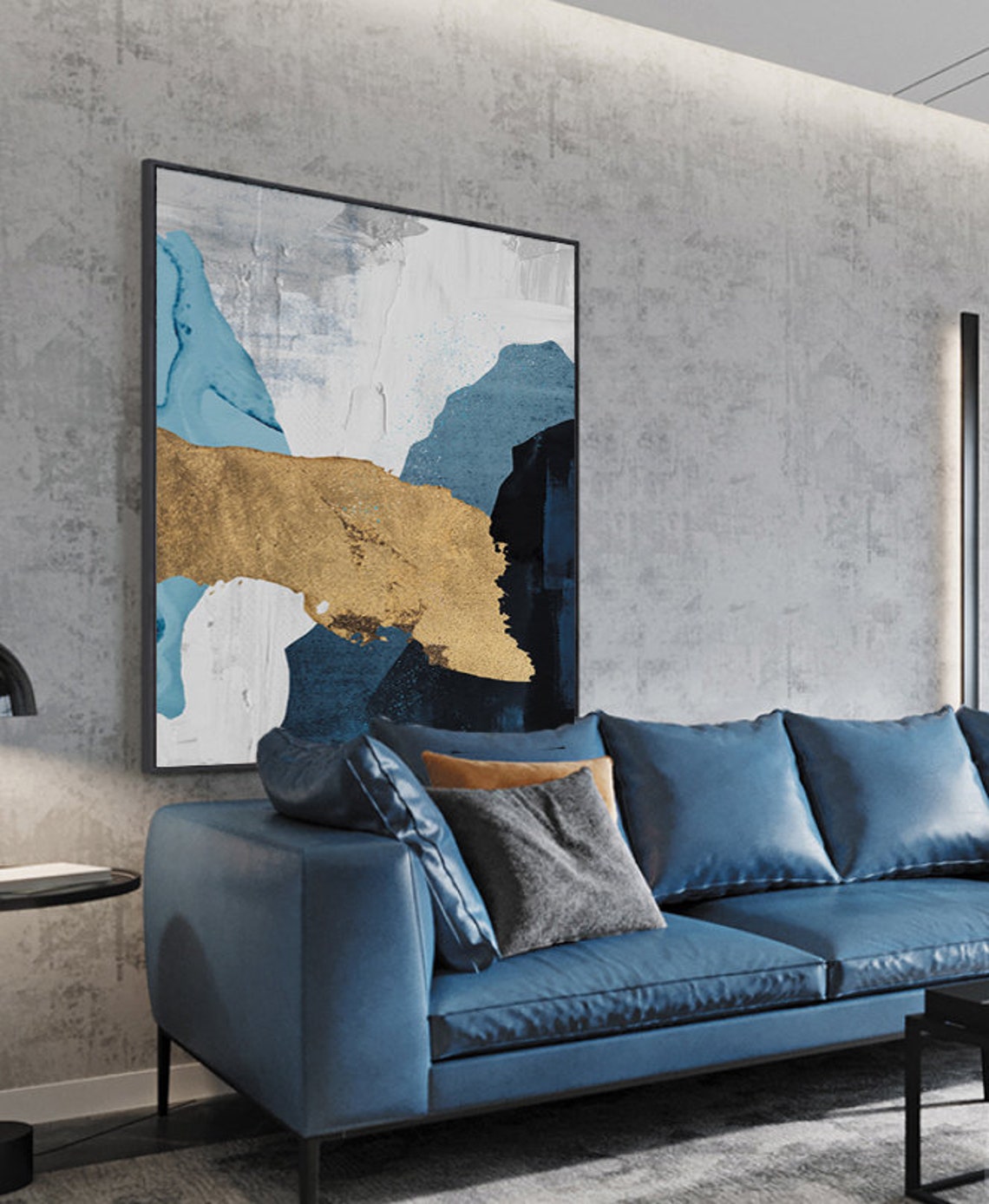 Large Scale Abstract Art Blue Gold Oil Paintingl Print Wall Etsy