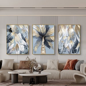 Gold foil palm  feather living room sofa wall Modern light luxury painting Printable wall art Digital Download, Home Decor, 1 set of 3