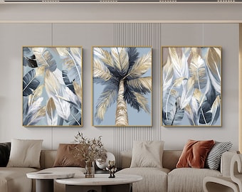Gold foil palm  feather living room sofa wall Modern light luxury painting Printable wall art Digital Download, Home Decor, 1 set of 3