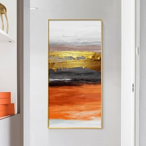 Orange abstraction  | Golden oil painting brush Wall Art, Gray Wall Art, large abstract Painting, Printable Art, Modern Art prints