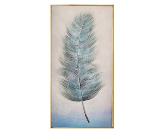 May include: A rectangular canvas art piece featuring a large, stylized feather in shades of blue and gray. The feather is centered against a light background, with a gold-colored frame.