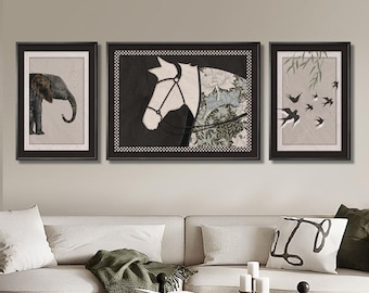 May include: Three black framed wall art prints. The left print features a black and white illustration of an elephant. The center print features a black and white illustration of a horse's head. The right print features a black and white illustration of birds flying.