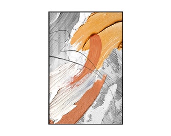 May include: Abstract painting with brushstrokes in shades of gray, orange, and yellow. The painting has a modern and minimalist style.