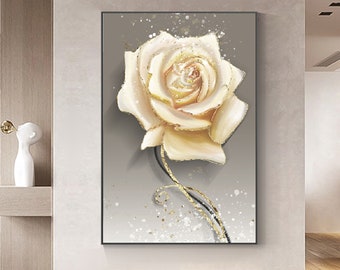 May include: A white rose with gold accents on a gray background with gold glitter. The rose is painted in a realistic style.