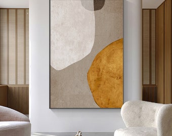 May include: Abstract art print with a beige background and three overlapping shapes in white, gray, and yellow.
