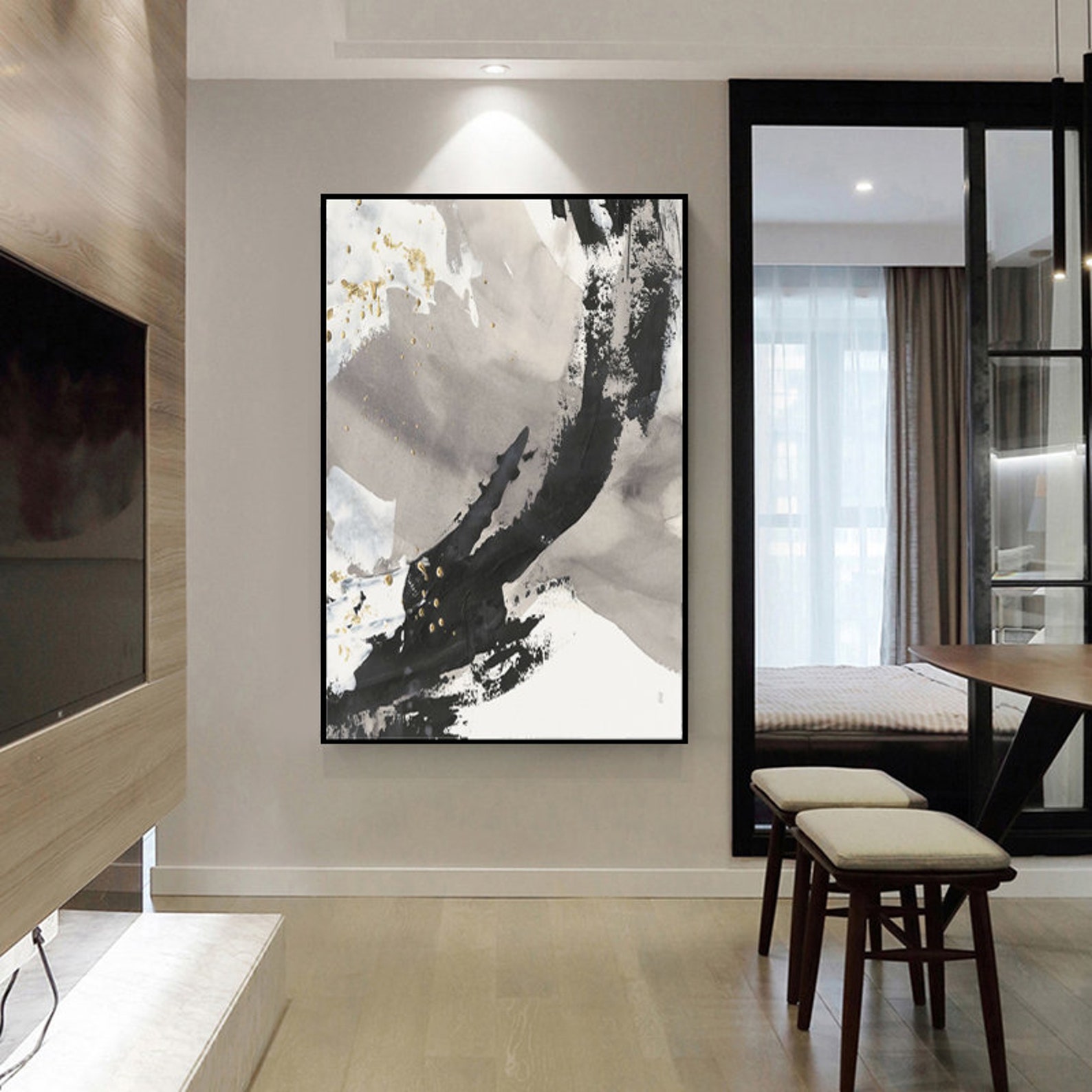 Black and white gold abstract art oil paintingl Print Wall Etsy