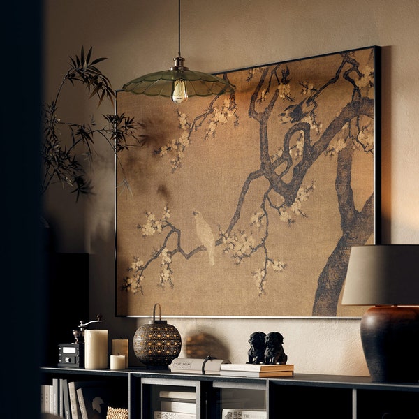 Arte retrò con fiori e uccelli, parete antica del ristorante, parete del soggiorno / Arte murale, stampabile, download digitale, arredamento per la casa, disegno, minimalista