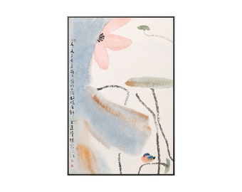 May include: Abstract watercolor painting with a pink flower, blue and brown shapes, and black lines. The painting has a light background and a minimalist style.