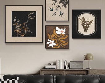 May include: A collection of framed wall art featuring botanical and nature-inspired designs. The art includes images of bamboo, flowers, and birds in various styles and color palettes, including black, white, and gold.