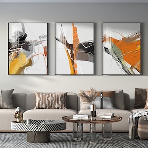 Orange abstract art  Set of 3 Prints,Large modern Wall Art Printable, Digital Download, Home Decor, Drawing