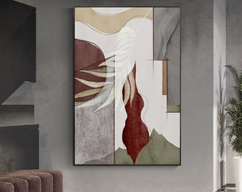 May include: Abstract art print with a white, brown, red, and green color scheme. The print features a stylized leaf design and geometric shapes.