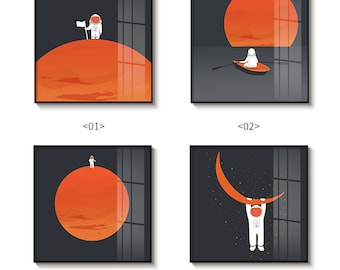 May include: Set of four minimalist art prints featuring an astronaut in different scenes. The first print shows an astronaut standing on a red planet with a flag. The second print shows an astronaut rowing a boat on a body of water with a red sun in the background. The third print shows an astronaut standing on a red planet. The fourth print shows an astronaut holding onto a crescent moon.