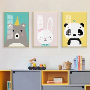 Animales de dibujos animados, Pandas, conejos, decoración de la pared, sala de los niños que cuelgan cuadro, descarga de la imagen Tres pinturas