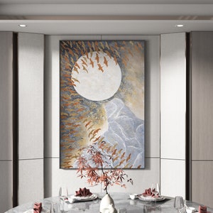 Sunrise of Mountains and Rivers Large abstract Art Gray gold oil painting Print | Wall Art, Printable, Digital Download, Home Decor, Drawing