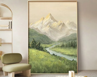 May include: A painting of a mountain range with a river winding through a valley. The mountains are snow-capped and the valley is green and lush. The sky is a soft blue and the sun is shining.