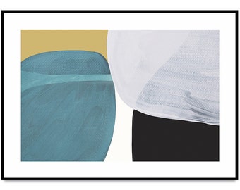 May include: Abstract art print featuring three overlapping shapes in shades of blue, white, and black against a yellow background.