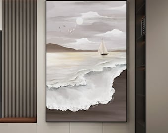 May include: A painting of a seascape with a sailboat in the distance. The sky is a light purple with white clouds and a full moon. The waves are white and foamy, and the water is a light blue. The beach is a light brown.
