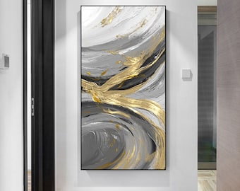 Tableau Abstrait Or Et Gris Avec Feuille D'or - 60x80 Cm, Toile Encadrée, Neuf