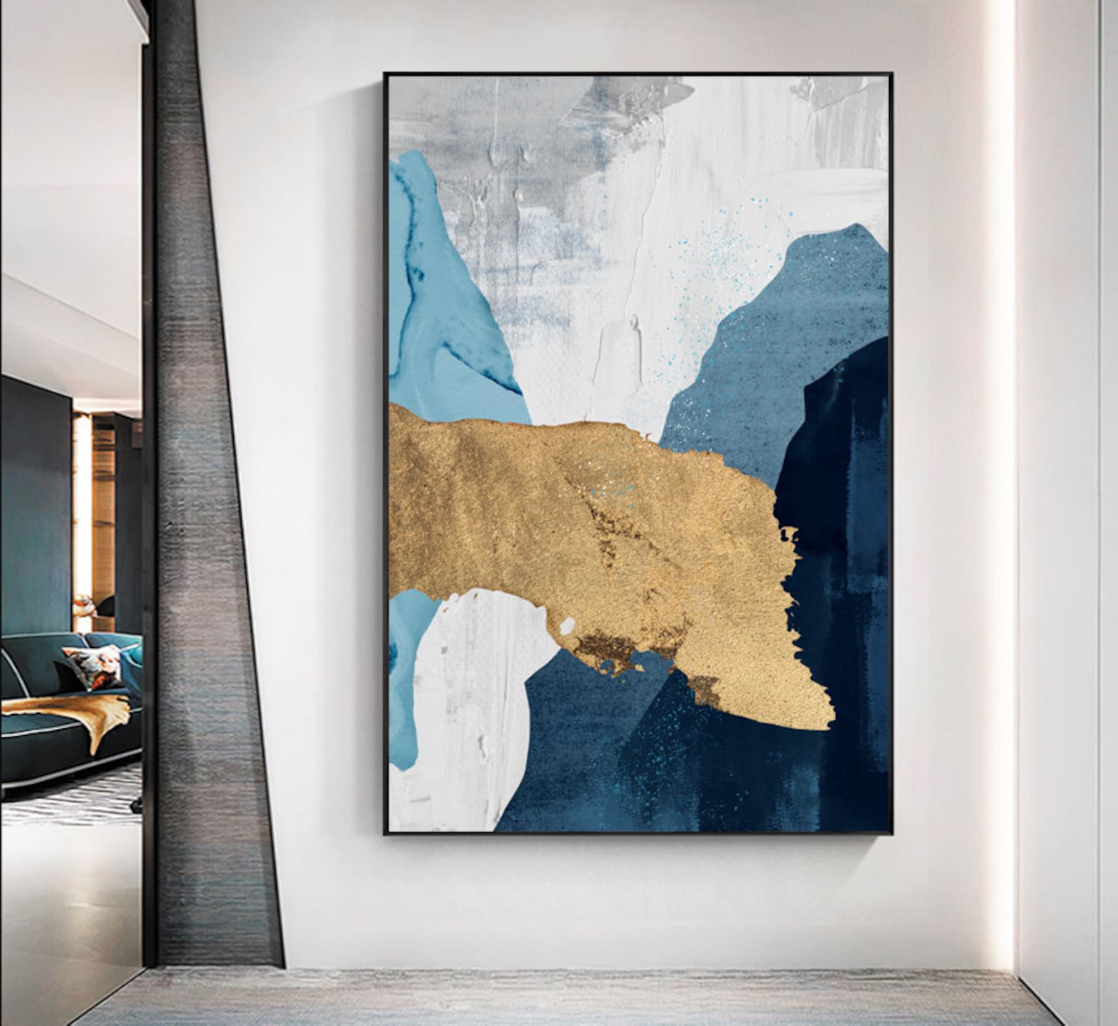 Large Scale Abstract Art Blue Gold Oil Paintingl Print Wall Etsy