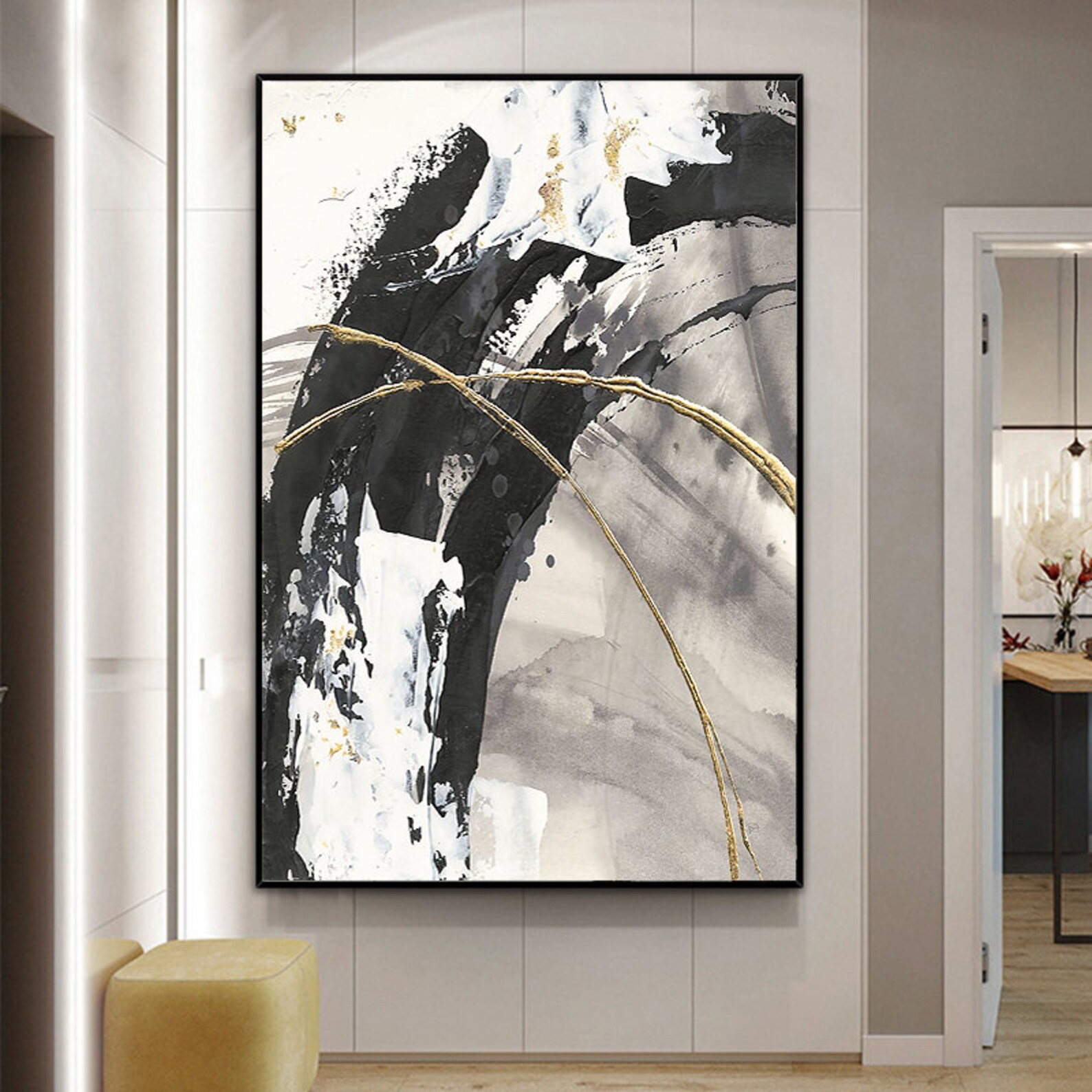 Black and White Gold Abstract Art Oil Paintingl Print Wall Etsy