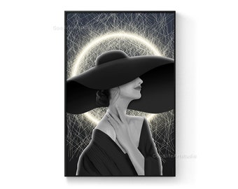 May include: A black and white photo of a woman wearing a large black hat with a wide brim. The woman is looking to the side and has her hand on her neck. The background is a dark blue with white lines.