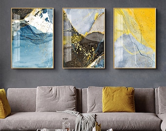 Set of 3 Prints,Blue and yellow abstract art , Pastel Wall Art Printable, Digital Download, Home Decor, Drawing Large Wall Art,Modern