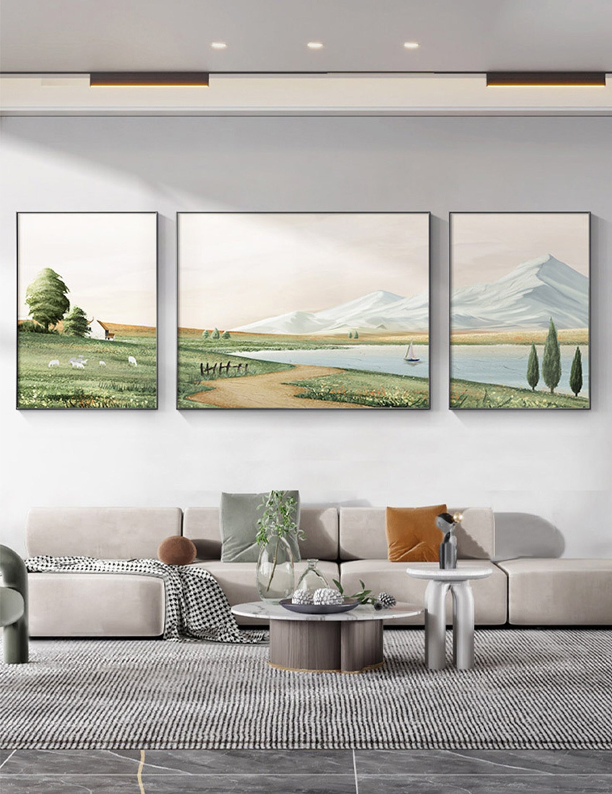 Set of 3 green landscape art prints. Living room decoration,bedroom banners,mountain range lake reflection modern wall art Picture download