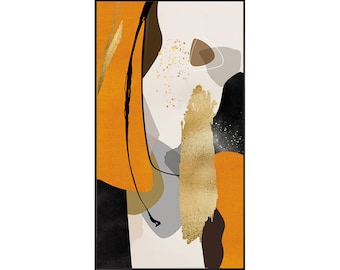 May include: Abstract art print featuring a mix of orange, black, brown, and gold paint splatters and shapes on a white background.