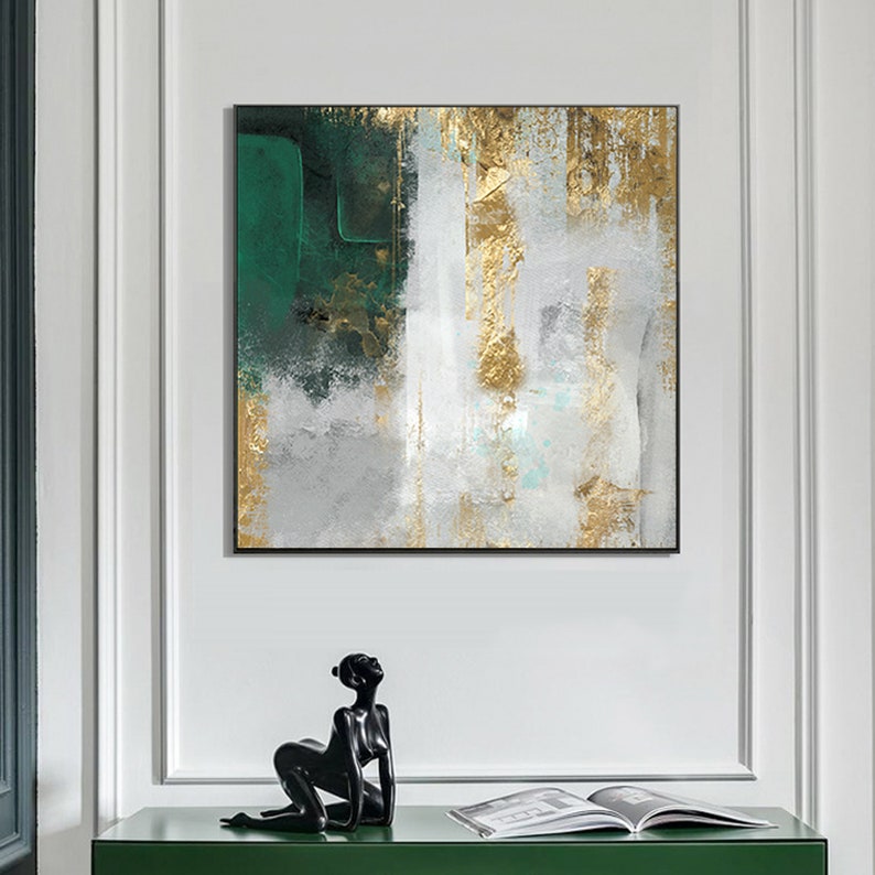 Emerald Gold Foil Art Large Abstract Green Gold Oil Painting Etsy