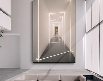 May include: Abstract art print featuring a white hallway with glowing lines of light. The hallway appears to be endless and creates a sense of depth and perspective.