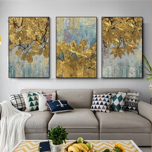 Abstract Gold Leaf abstraction Triple living room Modern light luxury painting Printable wall art Digital Download, Home Decor, Drawing