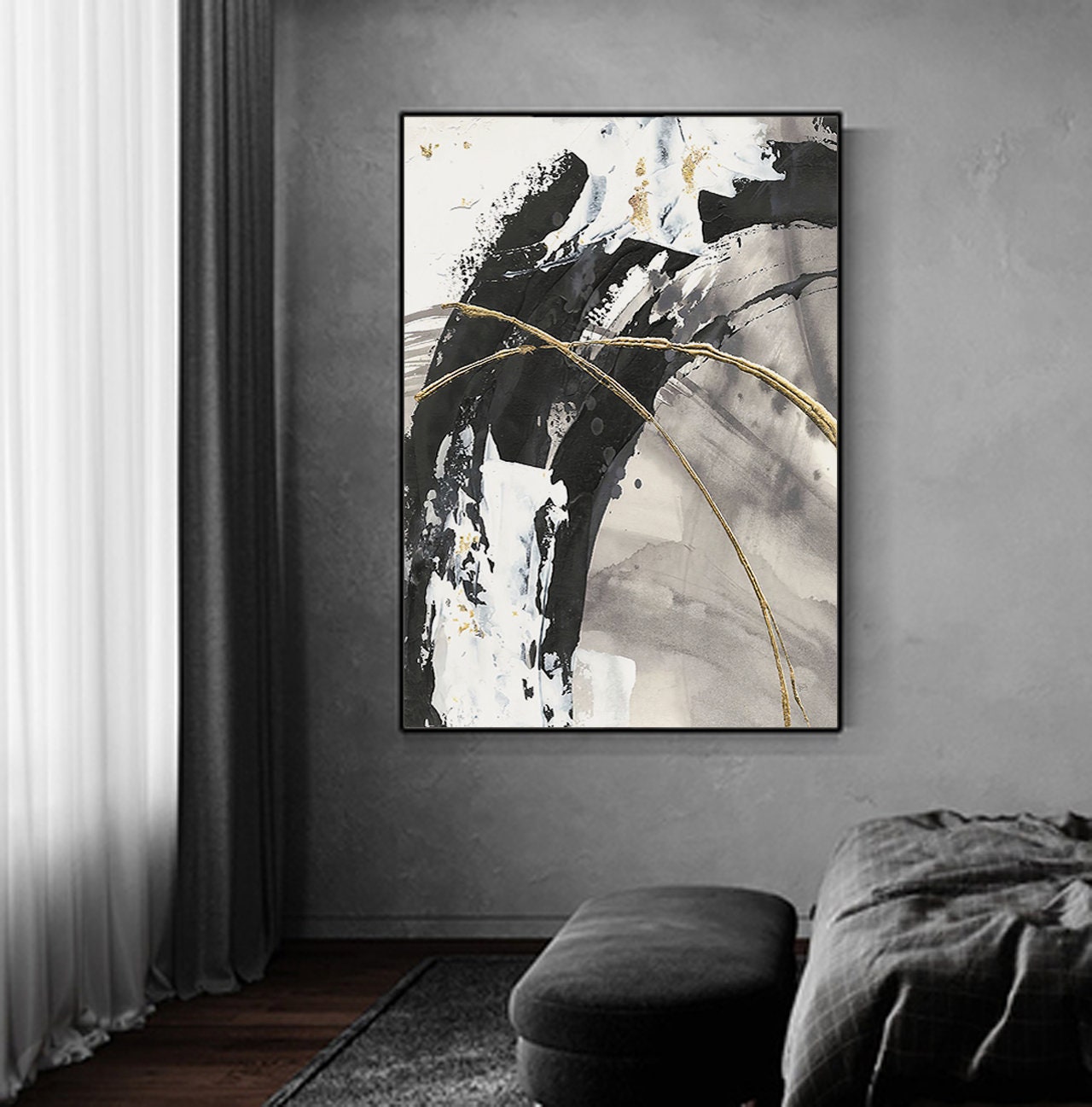 Black and White Gold Abstract Art Oil Paintingl Print Wall Etsy UK