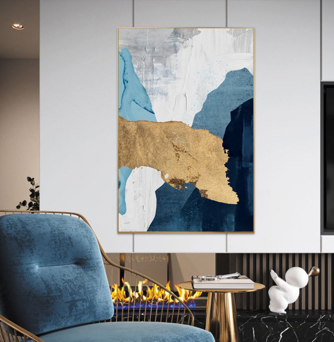 Large Scale Abstract Art Blue Gold Oil Paintingl Print Wall Etsy