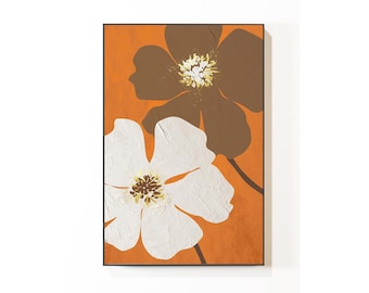 May include: Abstract floral painting with two large flowers on an orange background. One flower is white with a brown center and the other is brown with a white center.