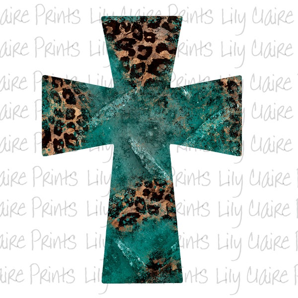 Western Leopard Turquoise Cross PNG, Sublimation, Western element,  Transparent PNG, Instant download, Digital Download, Christian png,