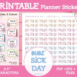 Sick Day (Bubz) Printable Planner Stickers - Cute Character Stickers for Weekly Planner, Happy Planner, Hobonichi, Bullet Journal, Bujo