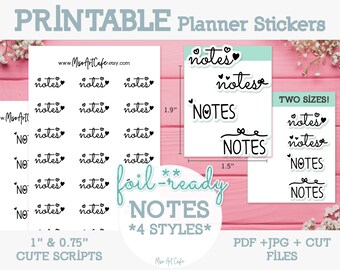 Notes Script Printable Planner Stickers - Instant Download | Foil Ready | Weekly Planner | Erin Condren | PP Weeks | Typography | Reminders