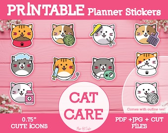 Cat Care Printable Planner Stickers - Icon Stickers for Weekly Planner, Happy Planner, Digital Planner, Bullet Journal, Instant Download