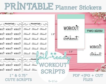 Workout Script Printable Planner Stickers - Instant Download | Foil Ready | Weekly Planner | PP Weeks | Cute Script Stickers | Exercise