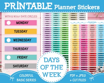 Days of the Week (Black Text) Printable Functional Planner Stickers - Instant Download | Weekly Planner | Date Covers | Happy Planner