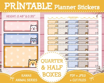 Shiba Quarter and Half Functional Boxes Printable Planner Stickers - Instant Download | Weekly Planner | Erin Condren | Cute Animal Stickers