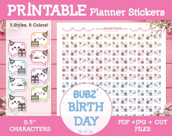 Verjaardag (Bubz) afdrukbare planner stickers - schattige karakterstickers voor wekelijkse planner, happy planner, Hobonichi, Bullet Journal, Bujo