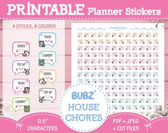 Huishoudelijke klusjes (Bubz) Afdrukbare Planner Stickers - Leuke karakterstickers voor wekelijkse planner, happy planner, Hobonichi, Bullet Journal, Bujo