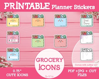 Grocery List Printable Planner Stickers - Icon Stickers for Weekly Planner, Happy Planner, Digital Planner, Bullet Journal, Instant Download