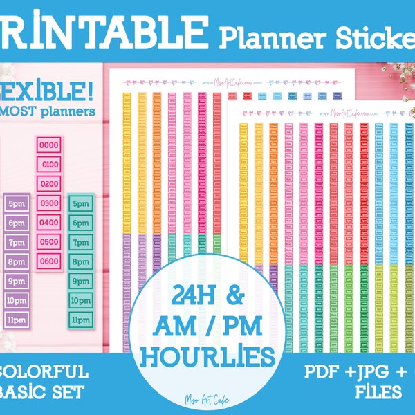 24-Hour & AM / PM Format Hourly Strips Block Printable Planner Stickers - Passion Planner | Erin Condren | Happy Planner | Hobonichi Weeks