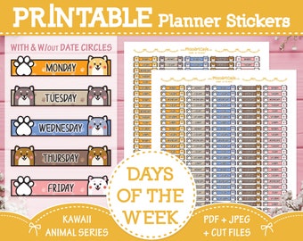 Days of the Week Printable Functional Planner Stickers - Instant Download | Weekly Planner | Shiba Inu Date Cover | Happy Planner | PP Weeks