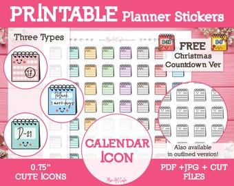 Calendar Printable Planner Stickers - Icon Stickers for Weekly Planner, Happy Planner, Digital Planner, Bullet Journal, Instant Download